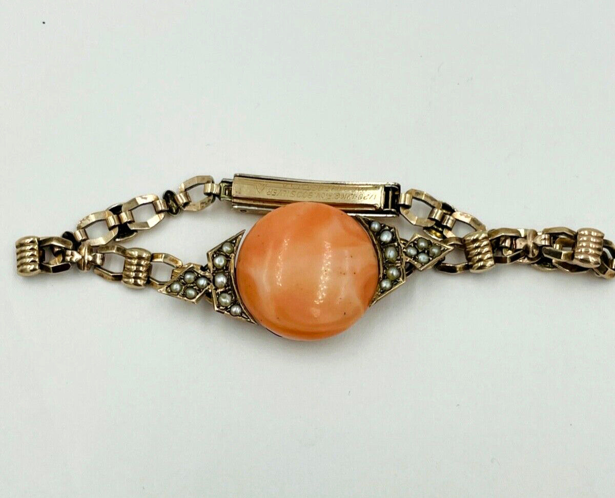 Antique 12k Gold Filled on .800 Silver Coral and Pearl Bracelet