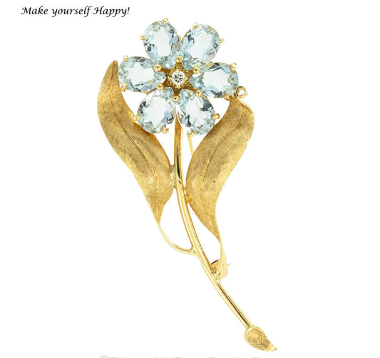 Retro Aquamarine Diamond Yellow Gold Flower Brooch