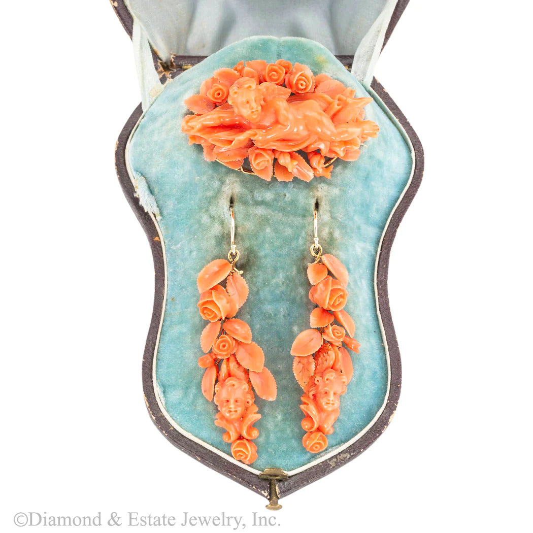 Victorian Cherub Carved Coral Brooch Drop Earring Set 14k