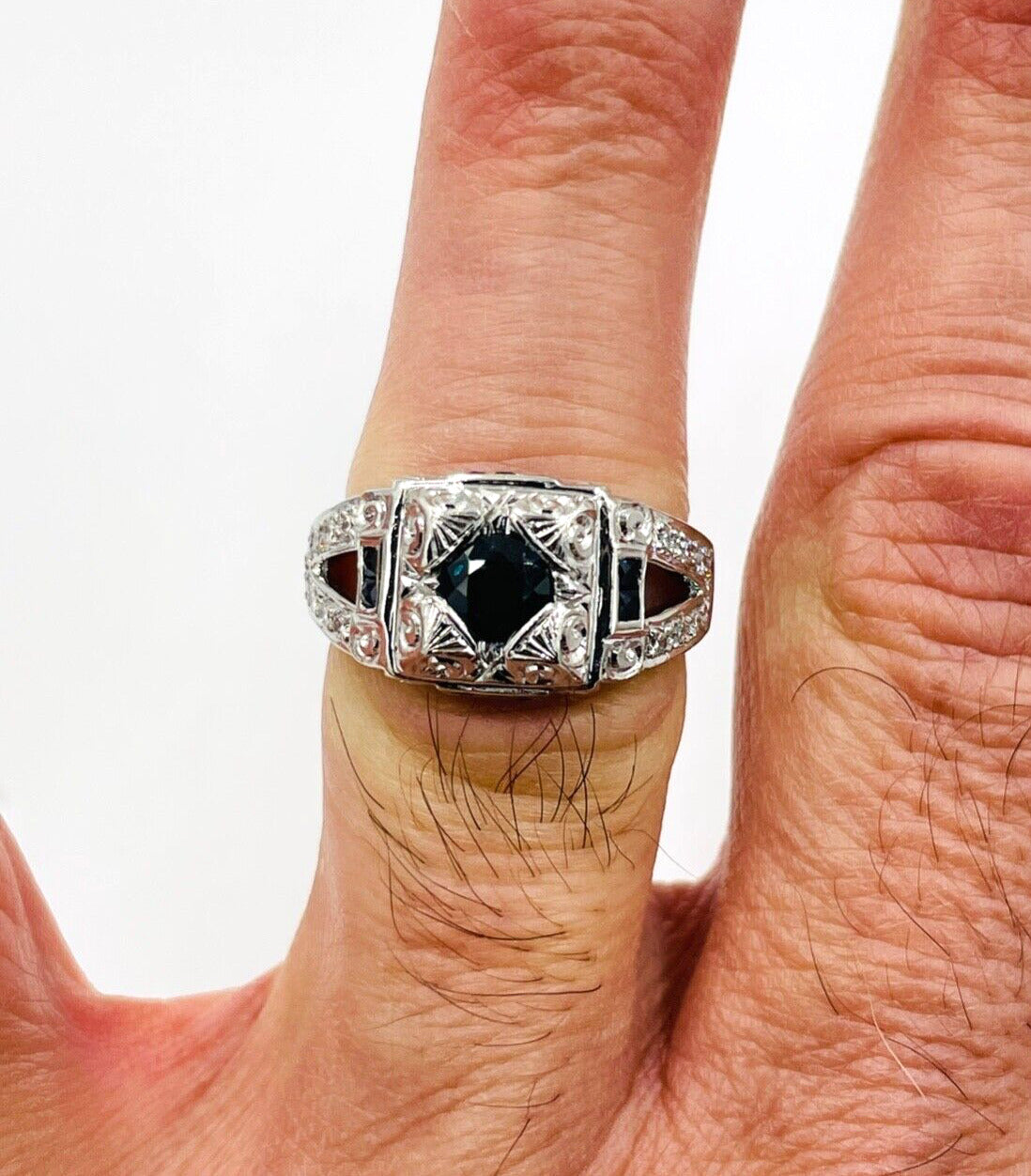 Vintage Platinum Sapphire Diamond Hand etches Ring