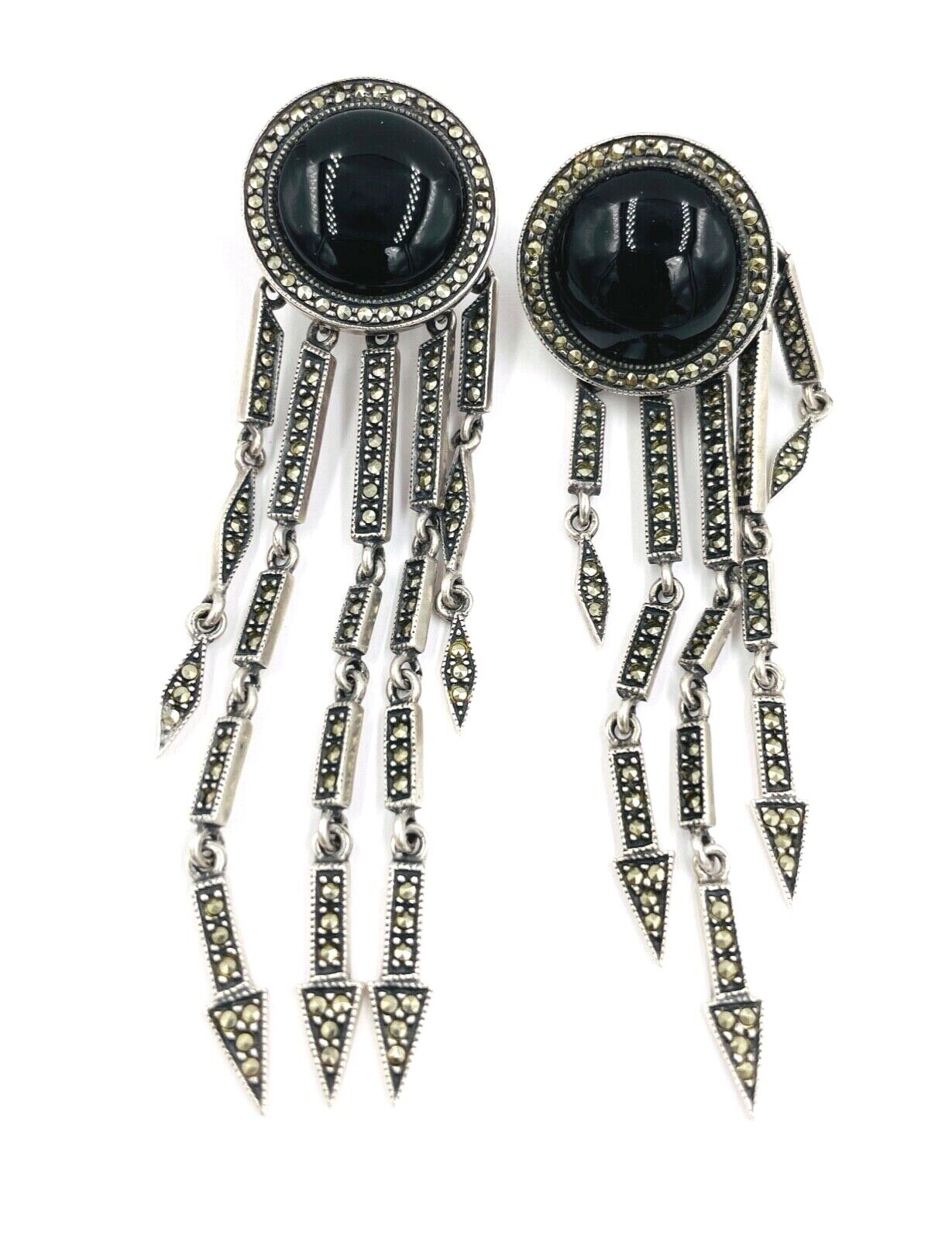 Judith Jack Sterling Silver marcasite onyx dangle earrings 3 1/2"