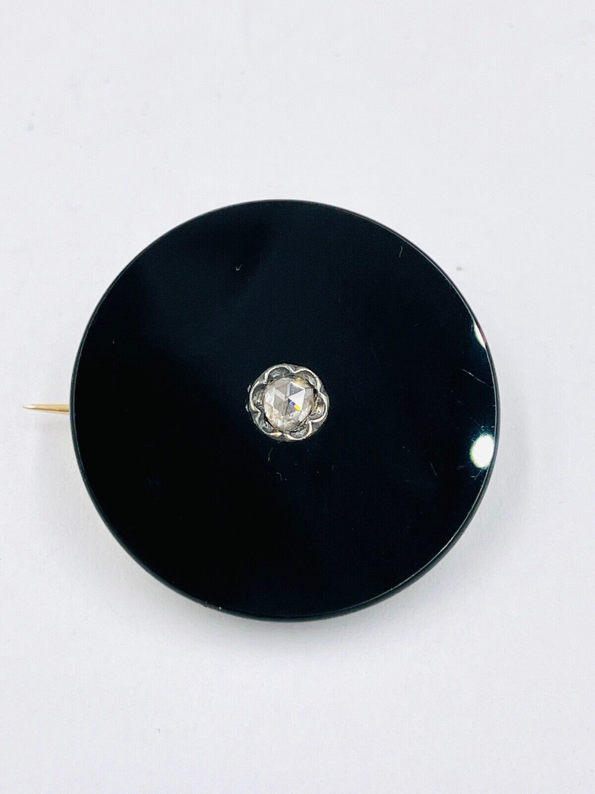 Antique Victorian 14K Gold Onyx Diamond mourning Brooch Pendant Pin Rose cut