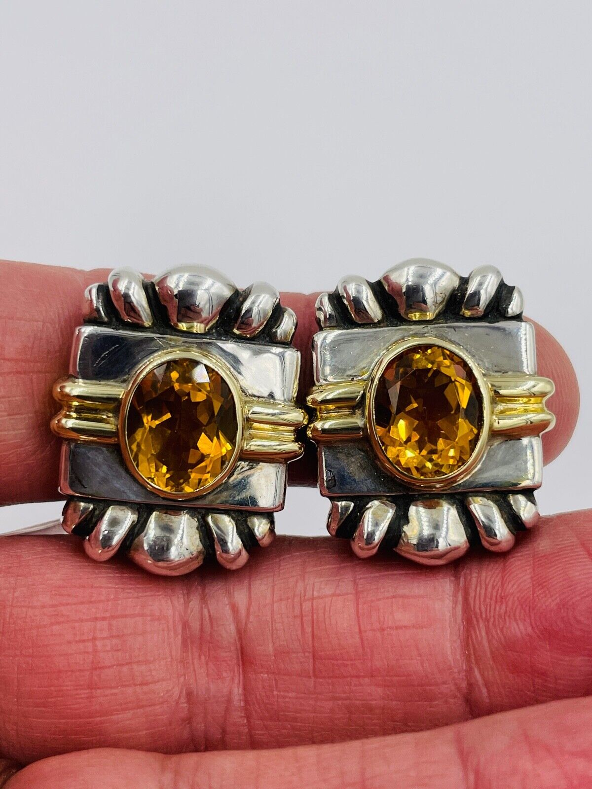 Beautiful Rigoberto Sterling & 14K Yellow Gold Citrine Earrings clip