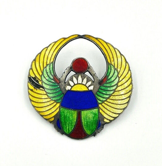 Shepard Mfg Co Sterling and Cloisonne Enamel Deco Egyptian Revival Winged Scarab