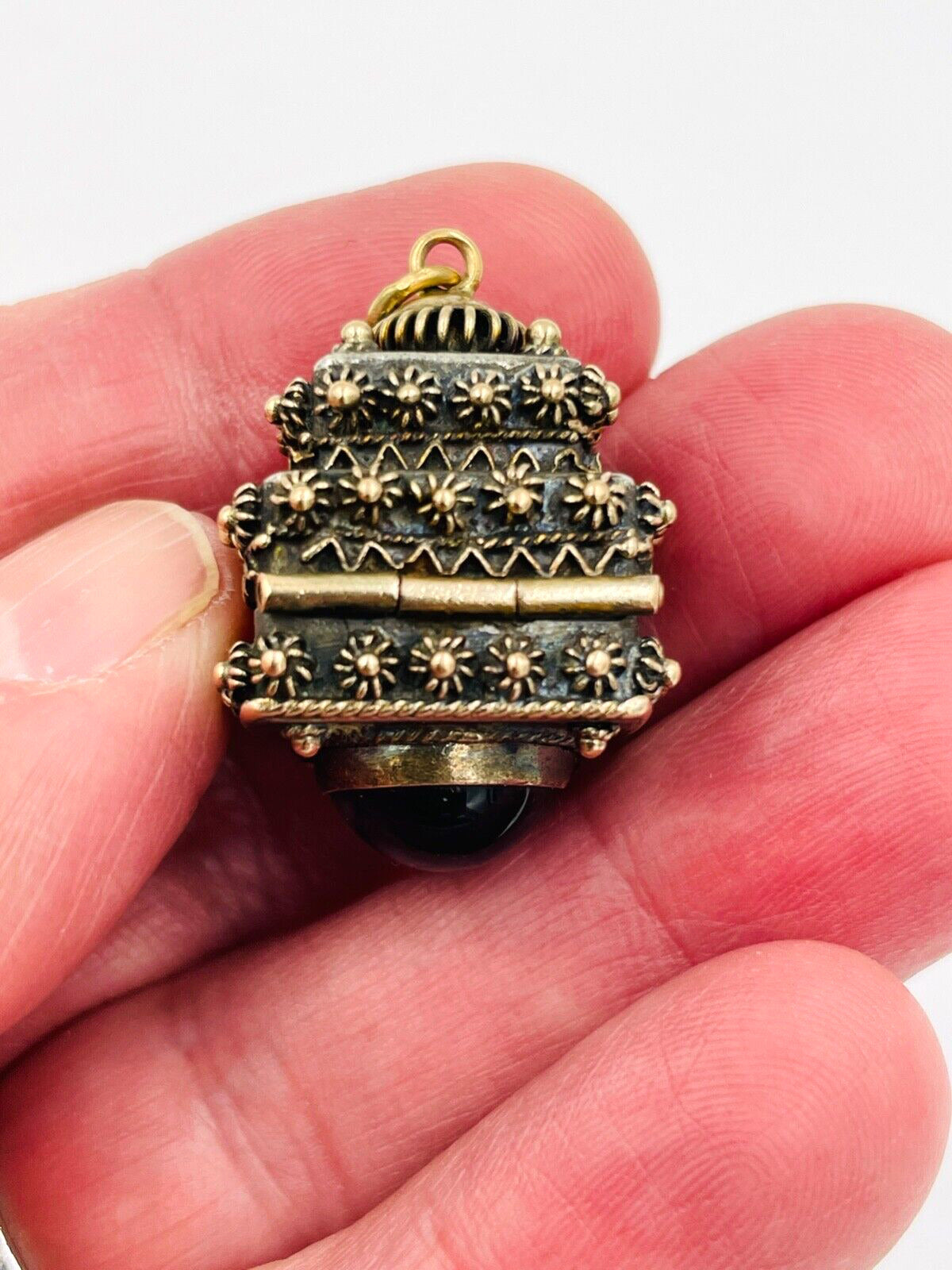Vintage 800 Silver and Gold Etruscan Poison Box Locket Fob Charm Jeweled
