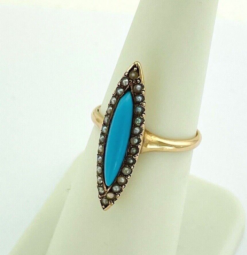 Antique14k yellow gold blue stone pearl Ring signed size 6.5