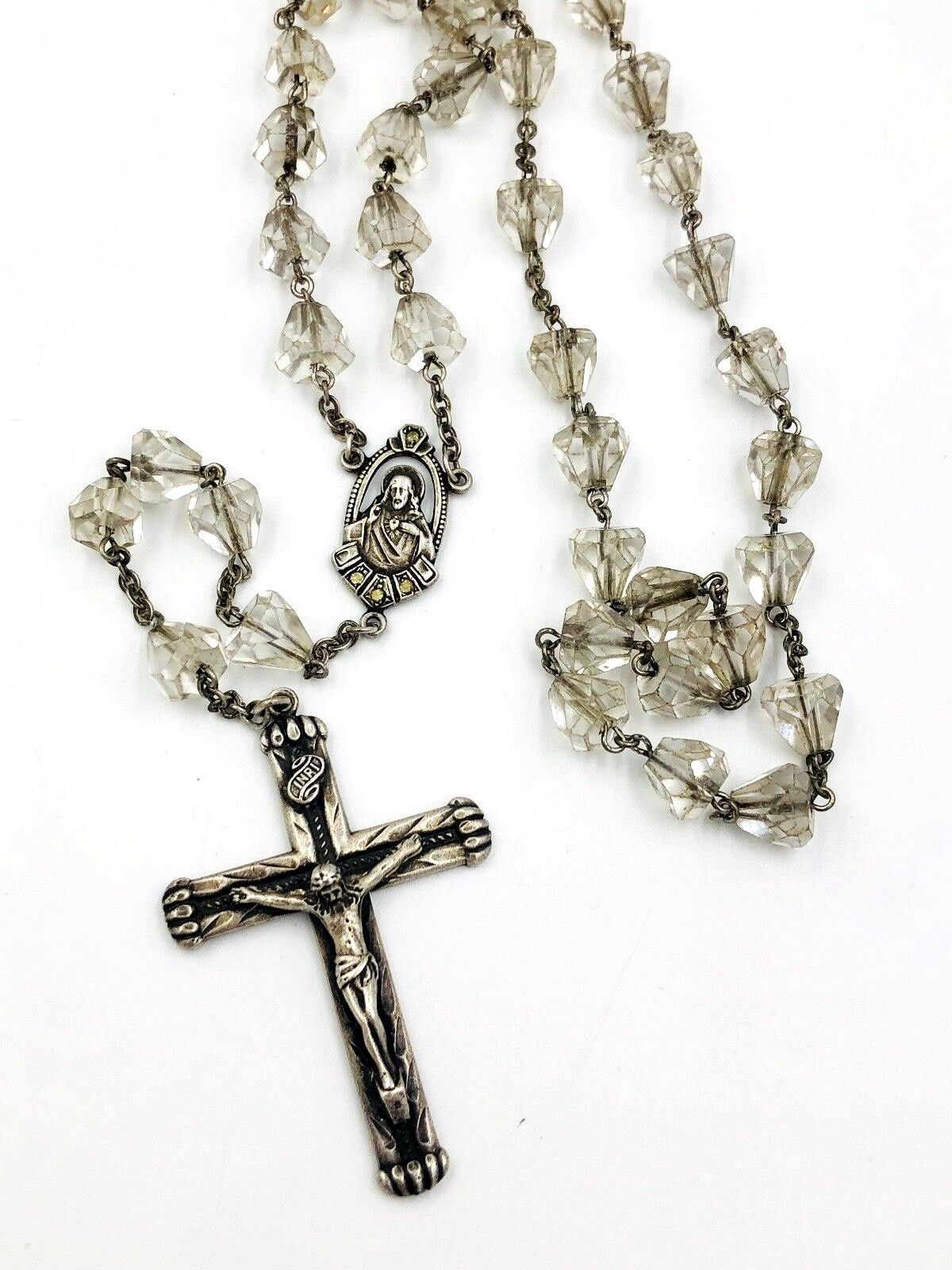 Antique Sterling Silver Religious Catholic Faceted Crystal Glass Bead Rosary