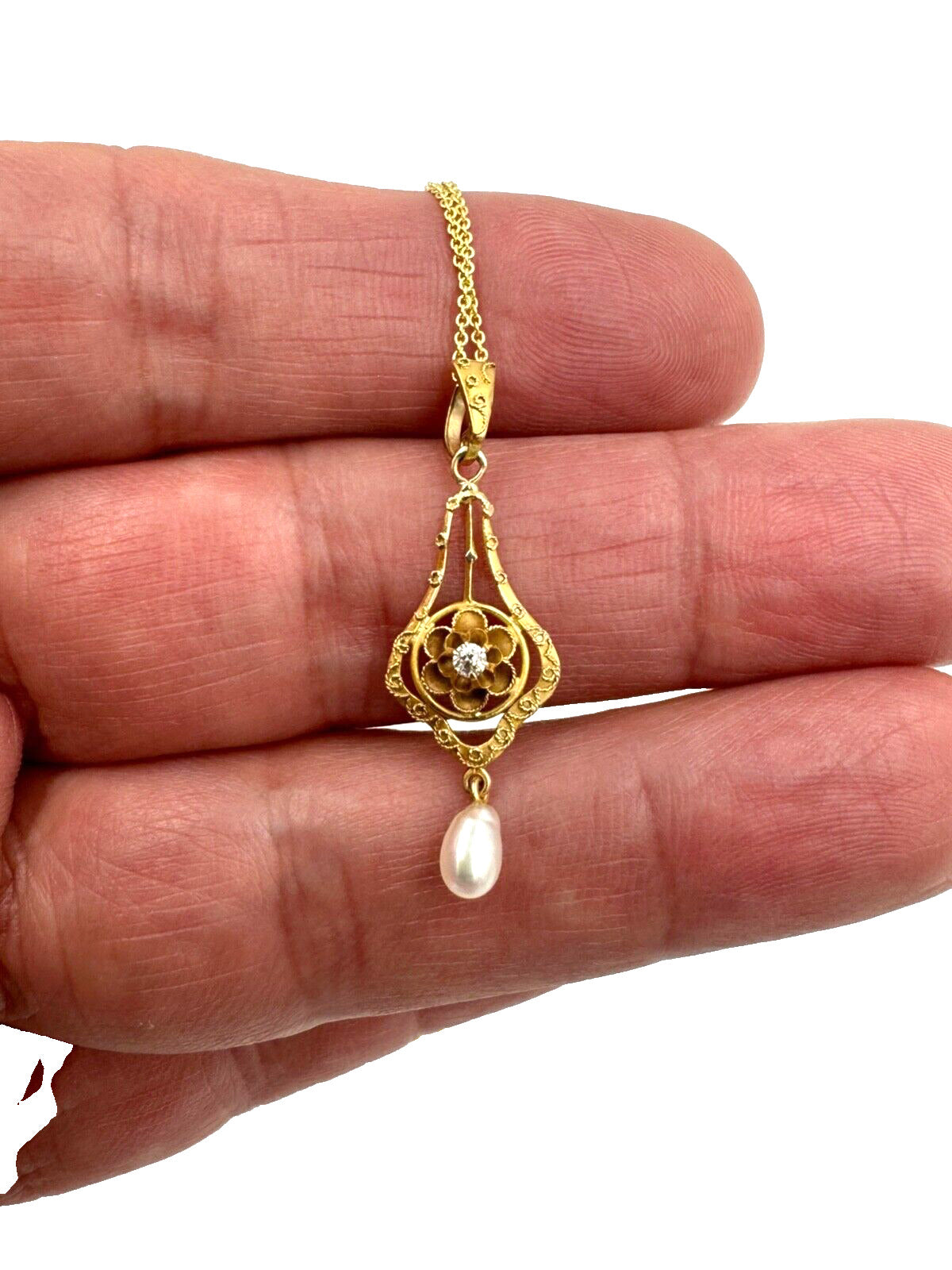 Antique Lavalier  10k Yellow Gold Diamond Pearl Pendant Necklace Art Nouveau