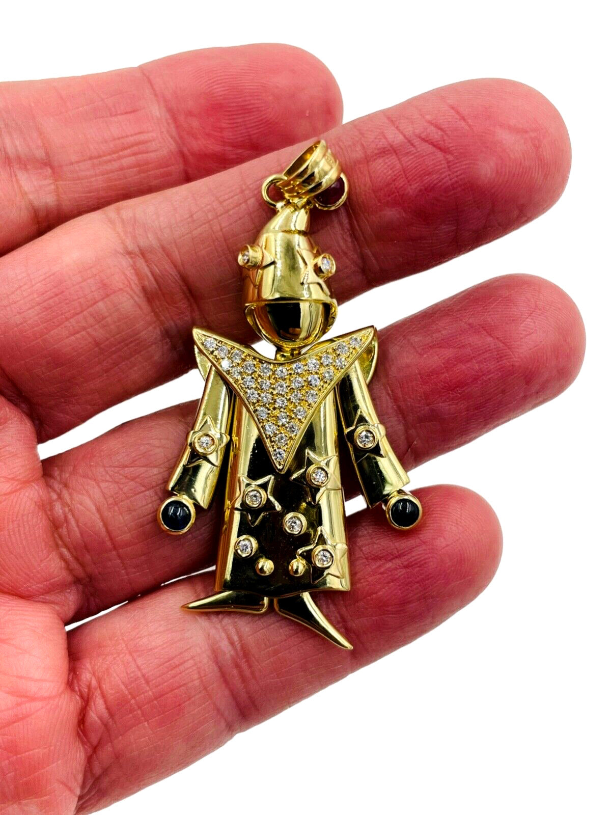 18K Yellow Gold Articulated Wizard with Diamonds and Ruby Pendant