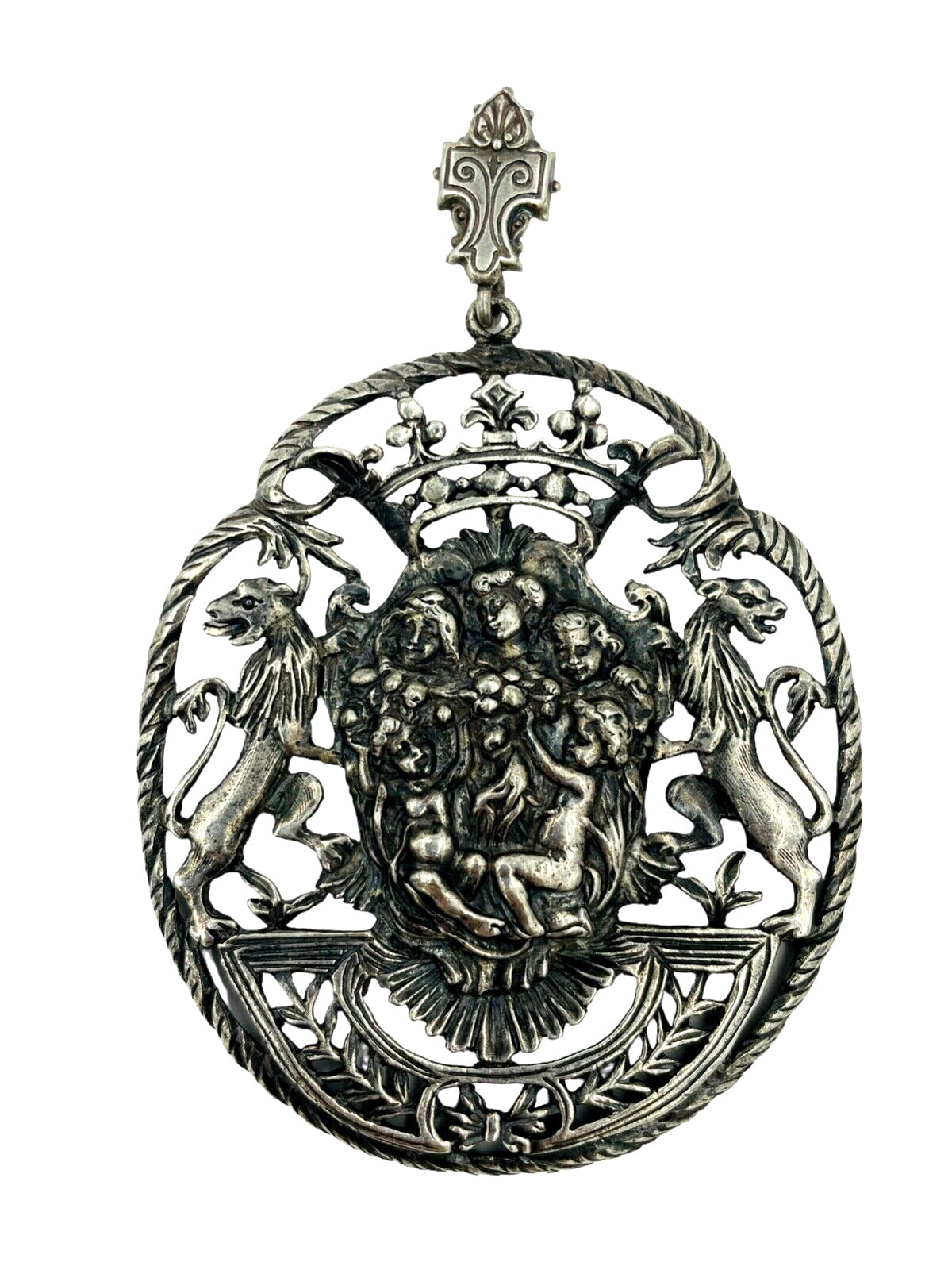 Art Nouveau Sterling Silver  Cherub Crest Pendant Necklace