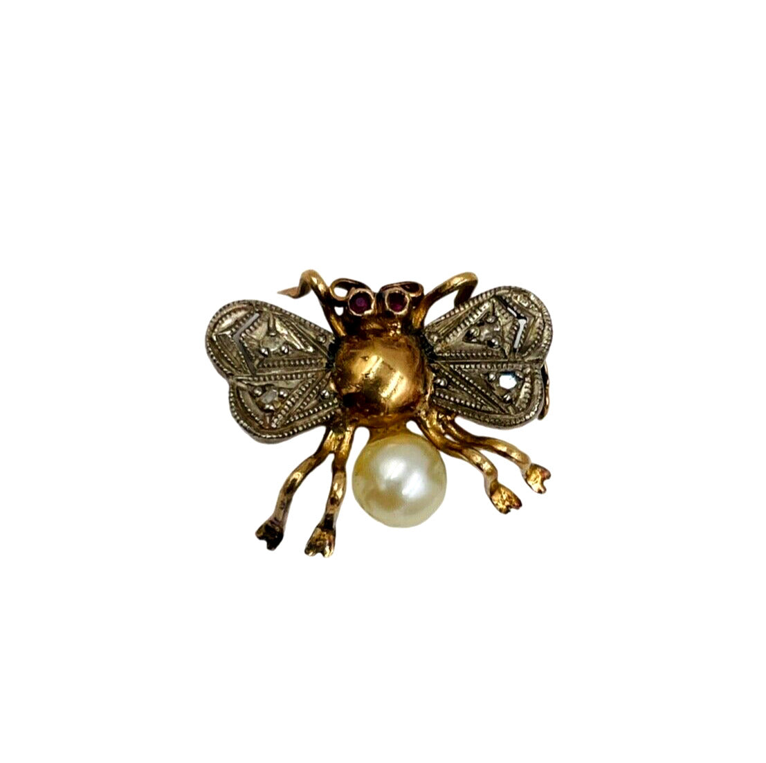 Victorian 18K Yellow Gold Fly Rose cut diamond brooch pin Ruby Pearl