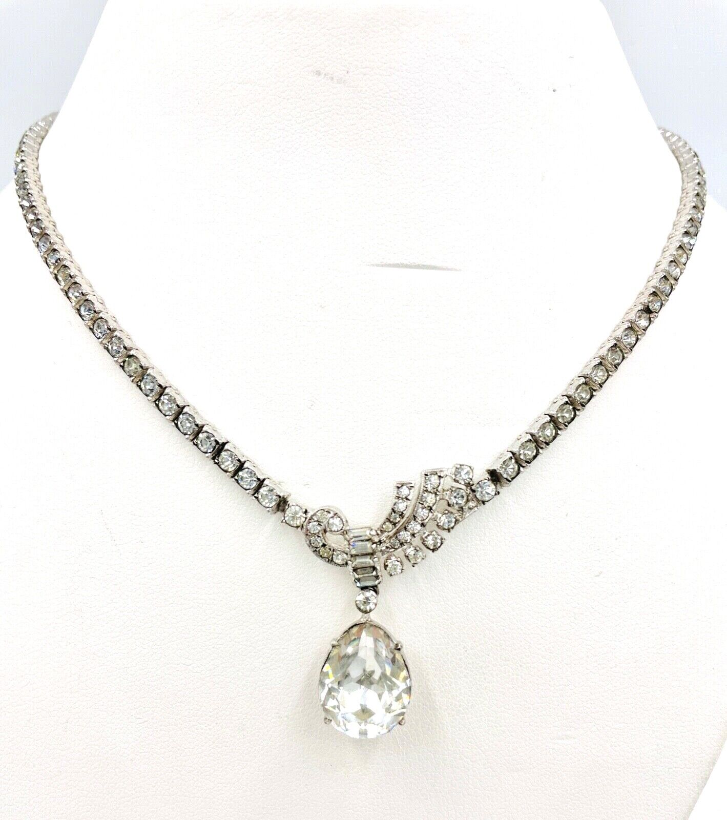 Art Deco Sterling Silver clear cut crystal choker drop Necklace