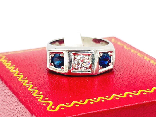 Art Deco Diamond Sapphire White Gold Three Stone Ring