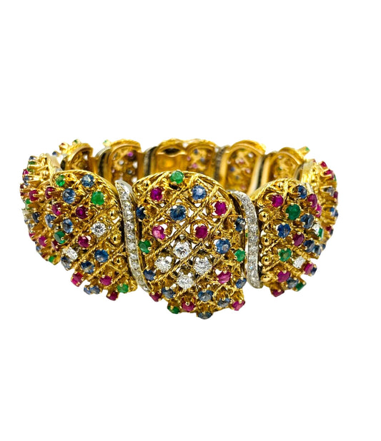 Estate 18k Gold Multi Gemstone and  Diamond Bracelet Chunky 135 grams