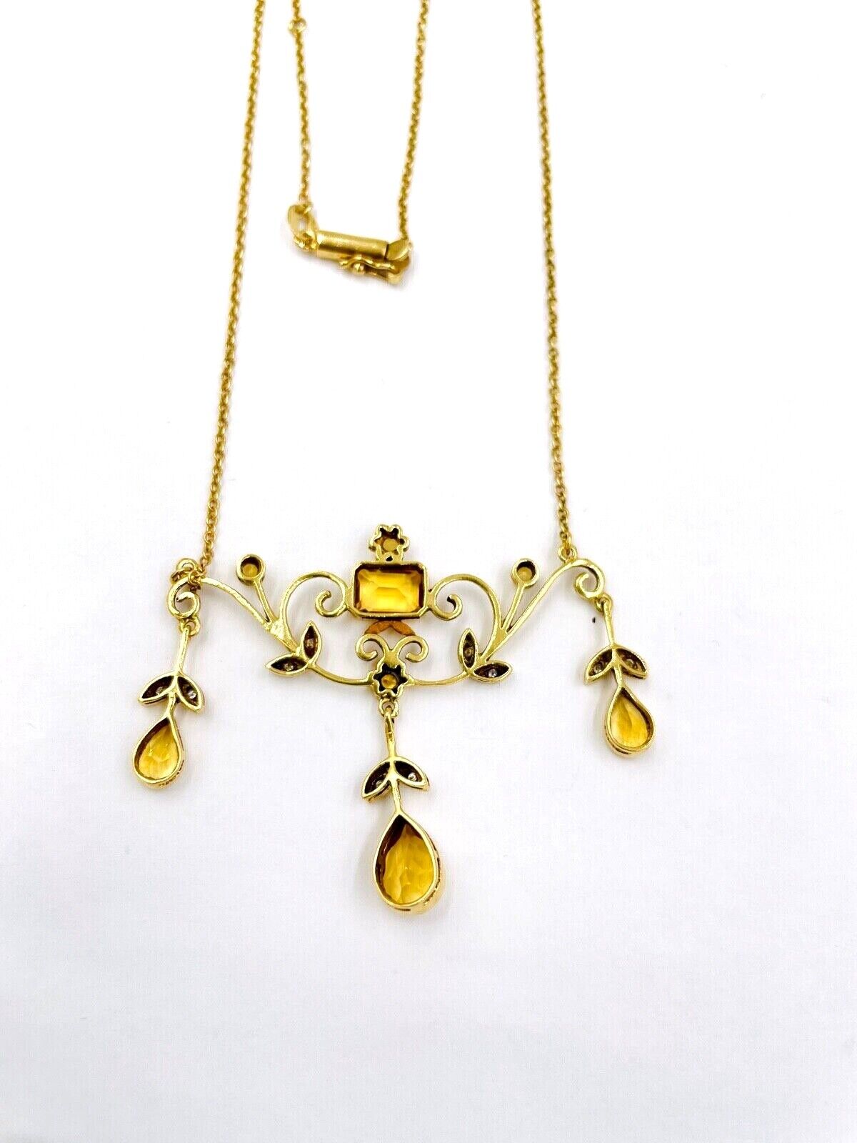 Estate 9K Yellow Gold Lavalier Citrine Diamond Necklace dangle pendant