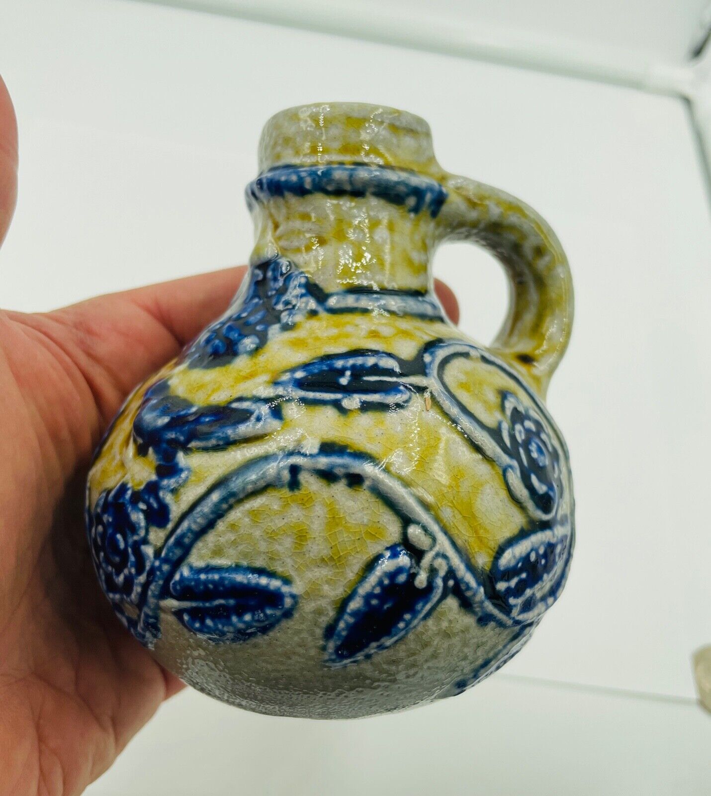Vintage Gray and Cobalt Blue Salt Glazed German vase jug by Plewa