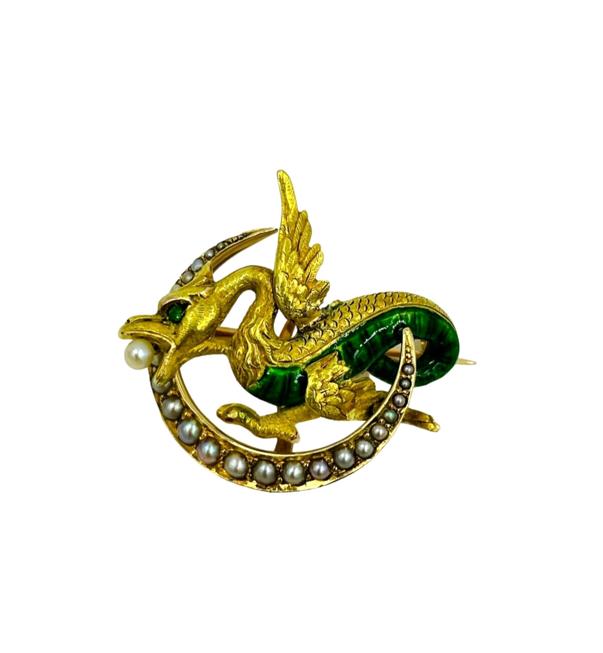Antique Art Nouveau 14k Winged Dragon/Griffin Pin, Pearls, Green Eye