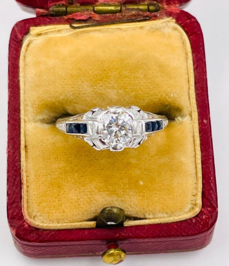 Estate Platinum  diamond Synthetic Sapphire Ring VS H Engagement ring