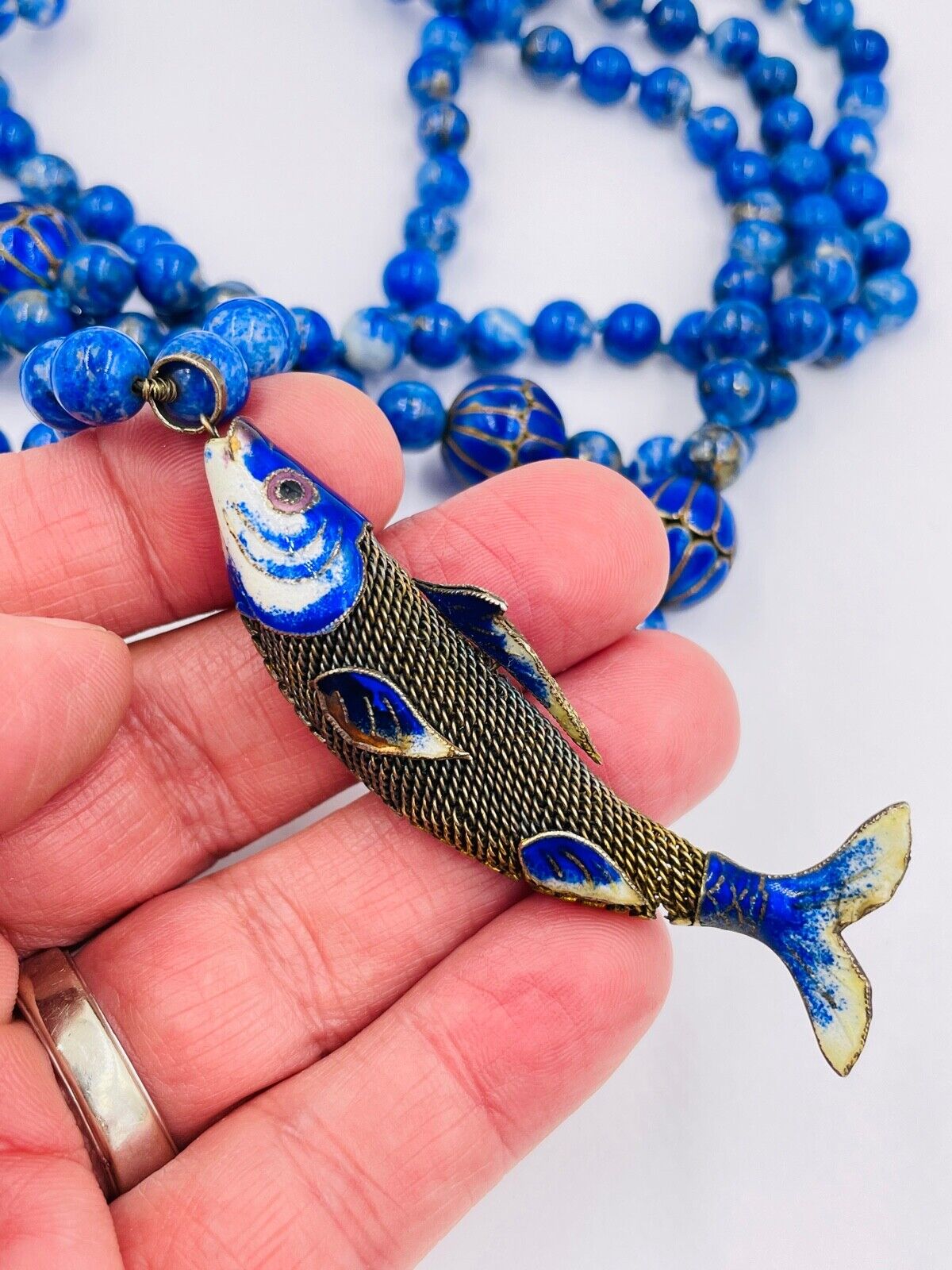 Vintage Antique Chinese Sterling Silver Enamel Articulated Fish Pendant Necklace