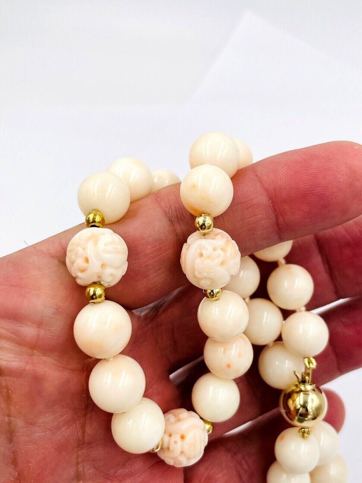 Estate Angel Skin Coral Carved Bead Strand Necklace 14k gold Ball clasp 24"