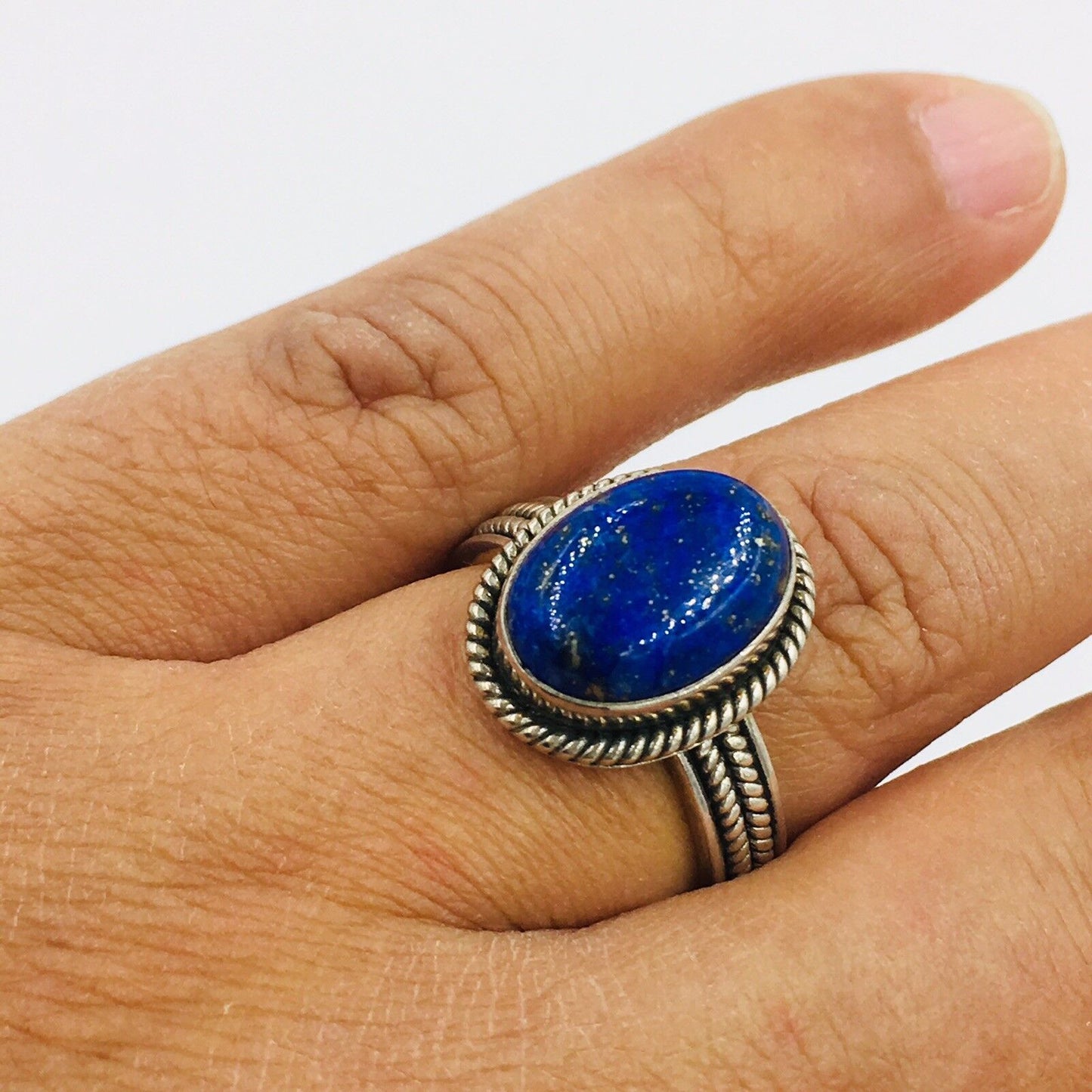 Suarti BA Indonesia Lapis Lazuli Oval Stone Sterling Silver Rope Ring Size 9