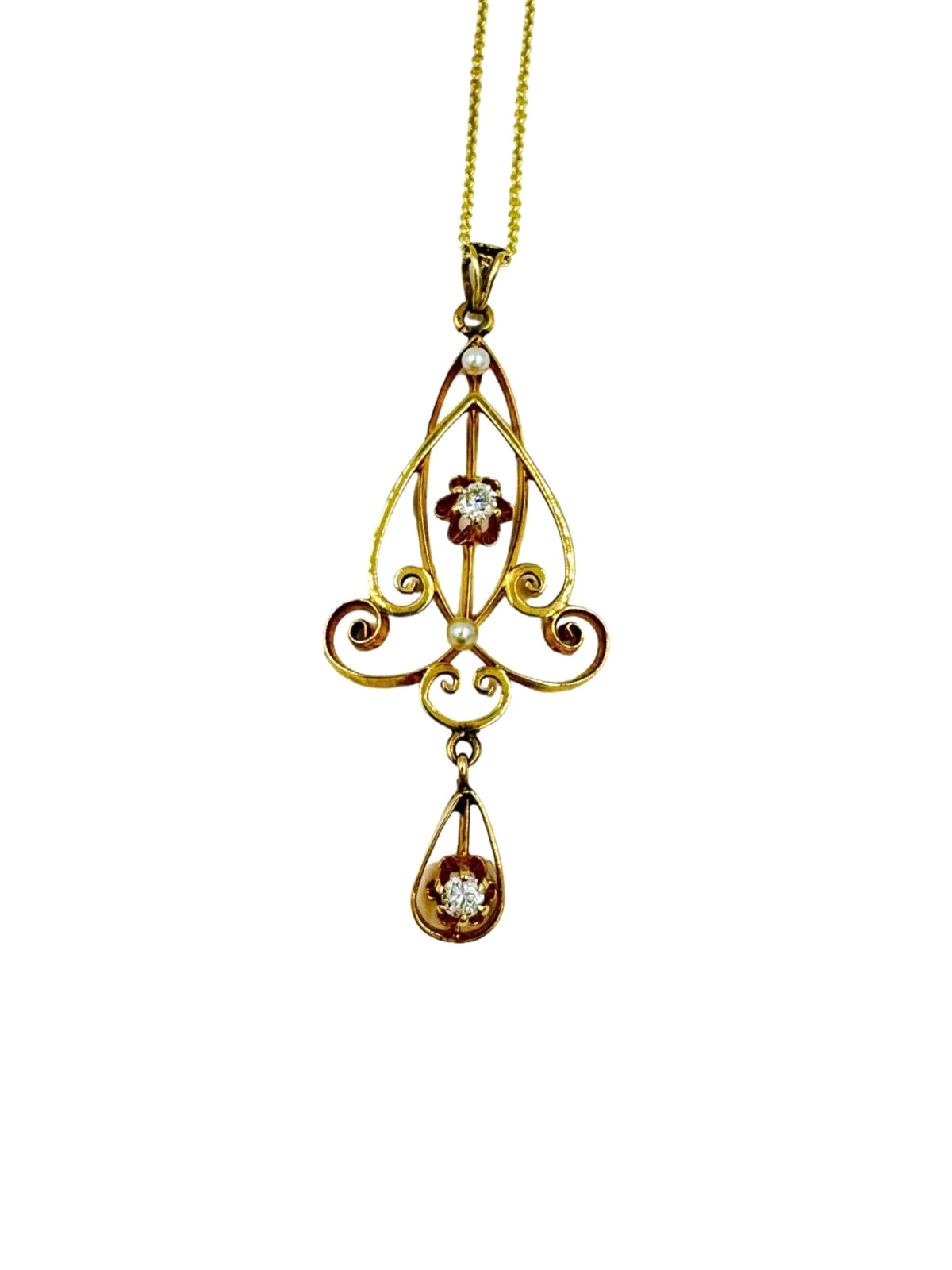 Antique Lavalier  Diamond Pearl Pendant Necklace Art Nouveau