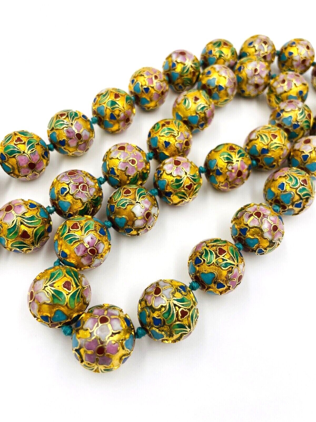 Antique Chinese Necklace - Cloisonne Enamel Gold beads - Lotus Flowers