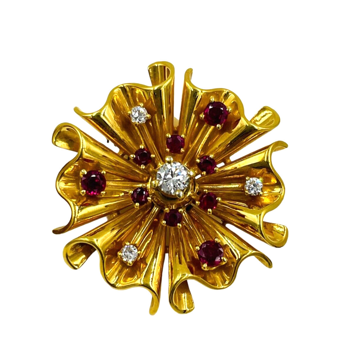 1940's Retro 14k yellow Gold Diamond Ruby Starburst Pin Brooch