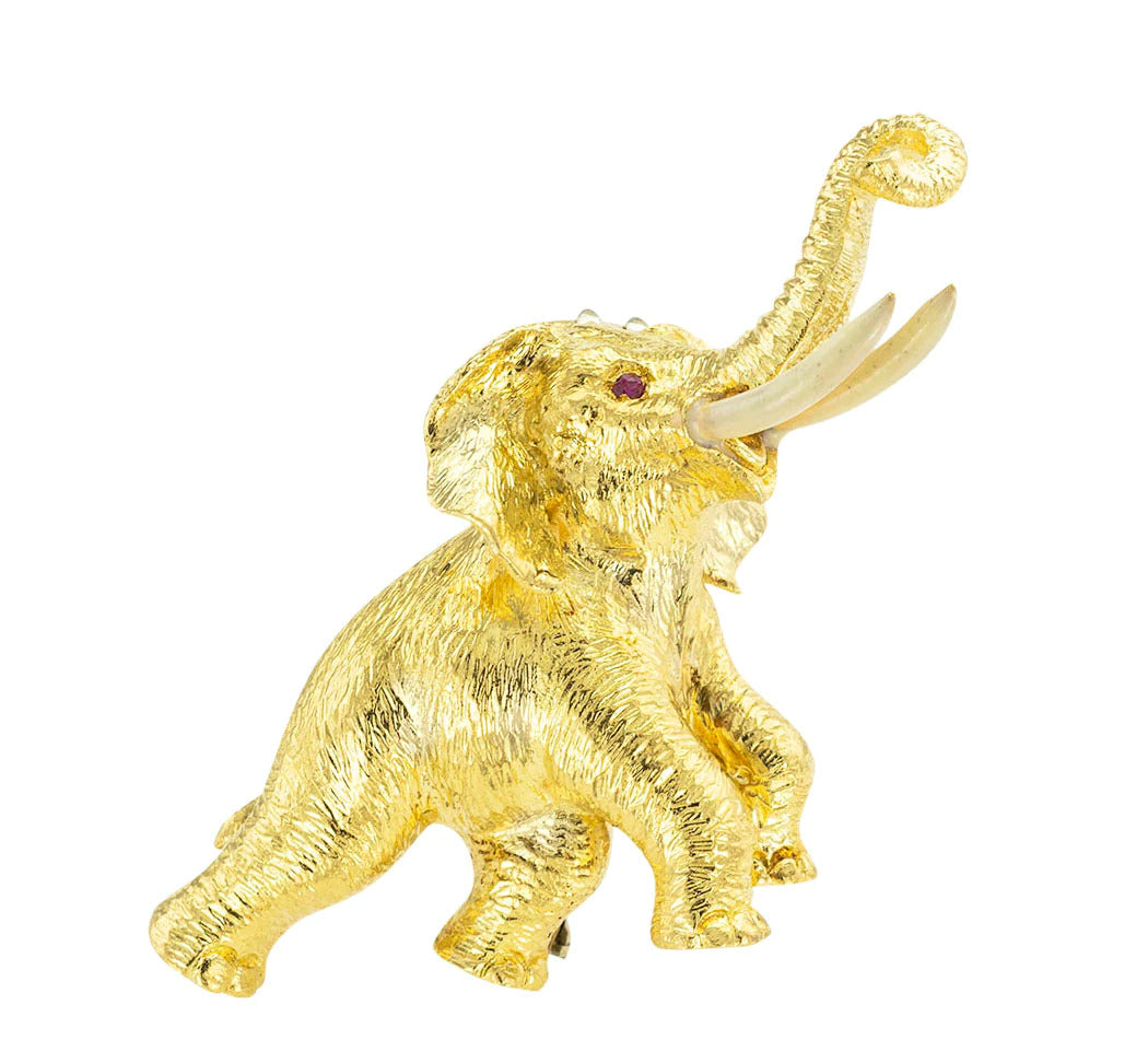 Ruby Enamel Yellow Gold Elephant Clip Brooch