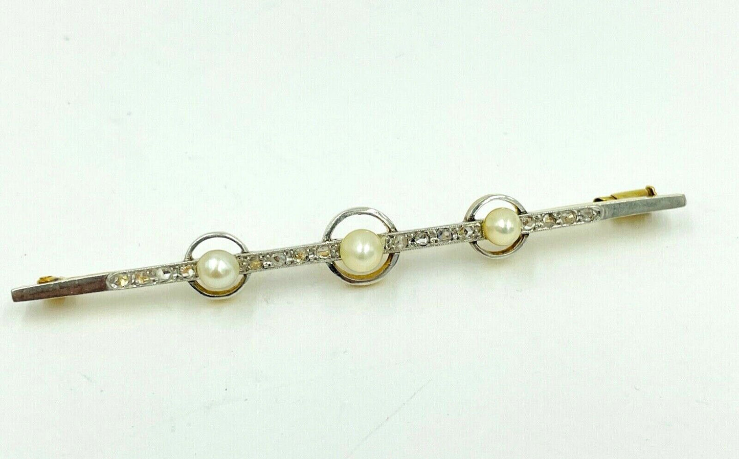 Antique French 18k and Platinum Rose Cut Diamond and Pearl brooch bar pin