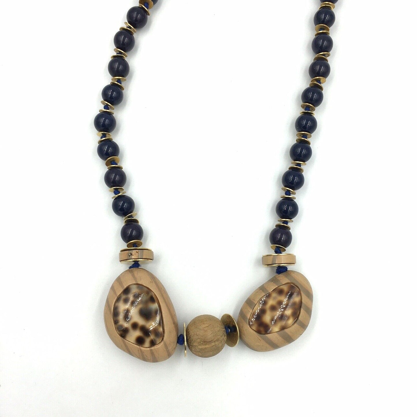 Vintage Valentino Faux Wood Cheetah Blue Bead FreeForm Gold Tone Necklace Italy