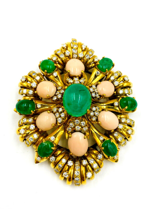 Vintage Signed 18K Yellow Gold Diamond Emerald Angel Skin Coral brooch pin