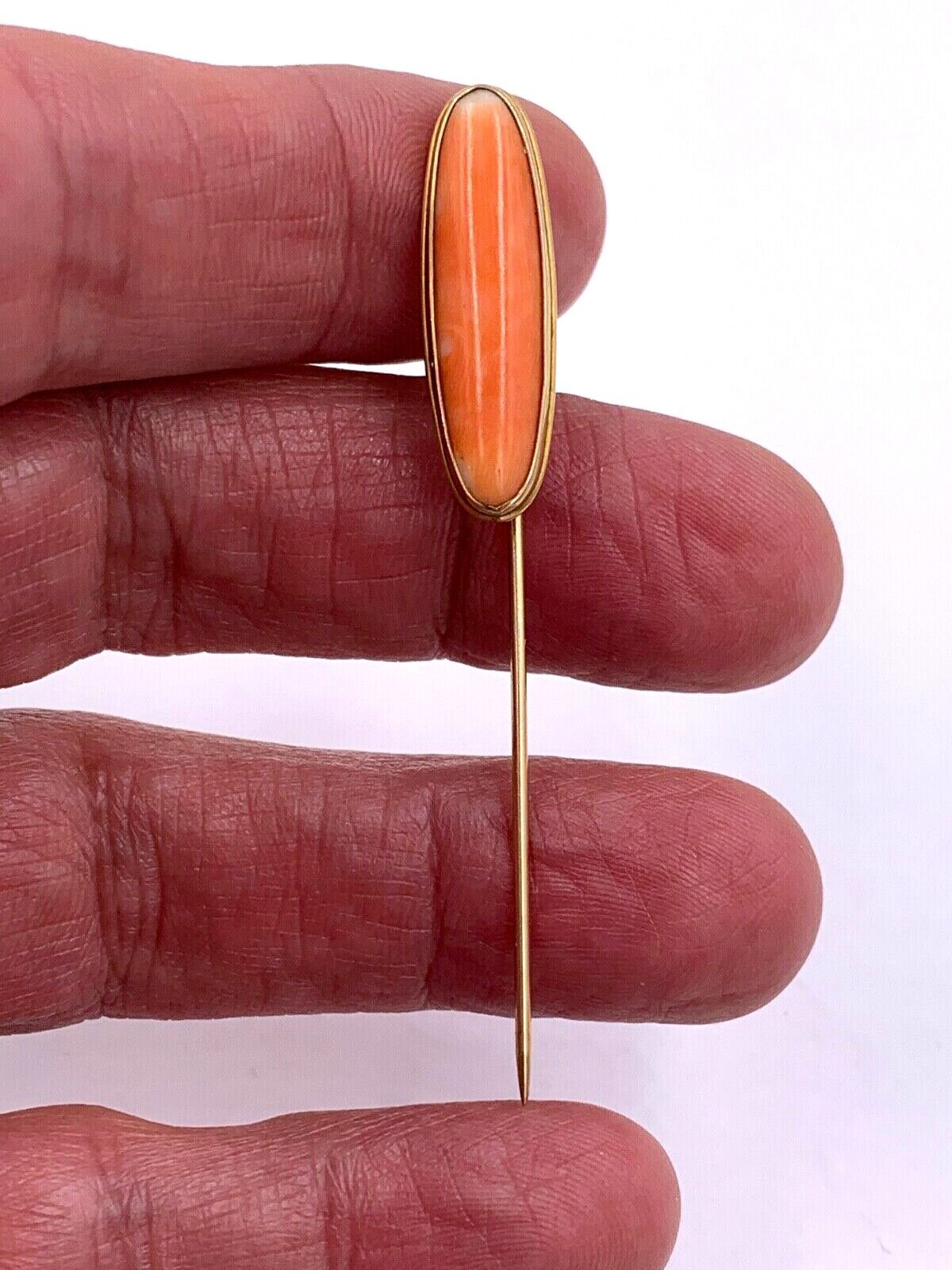 Antique 10K Yellow Gold Salmon Coral Lapel Pin stick hat pin Signed