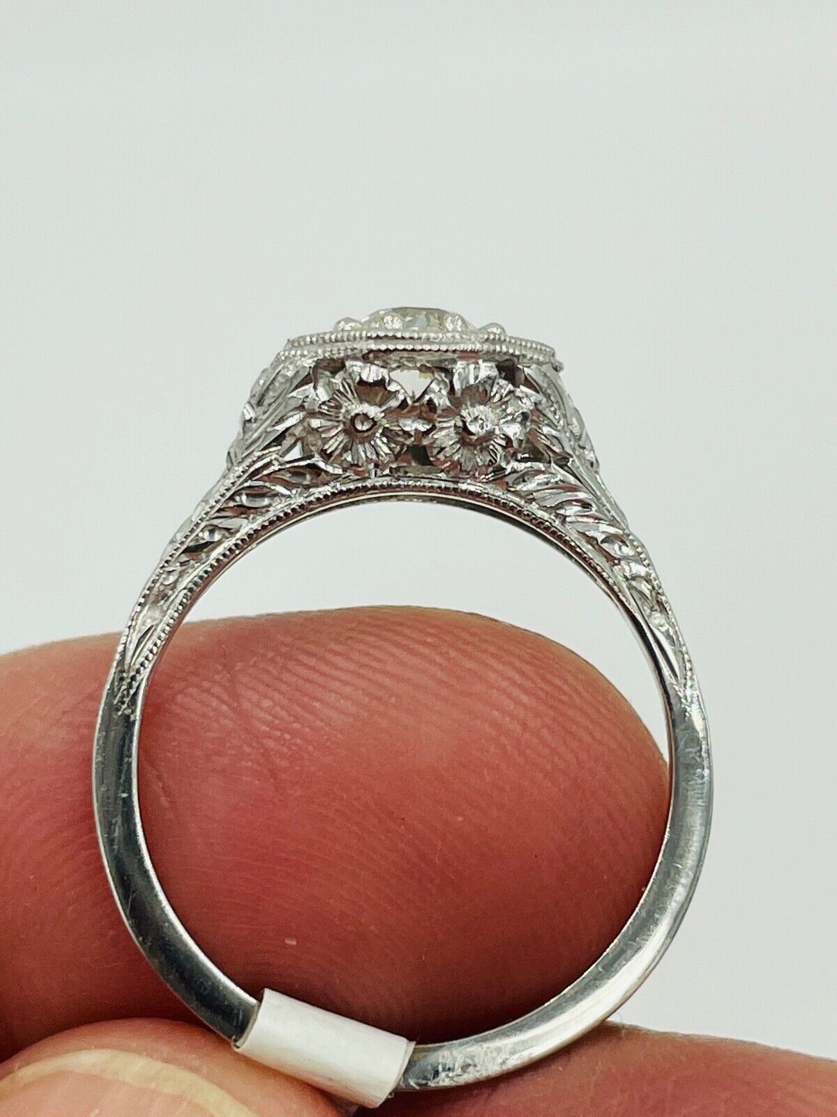 Art Deco 18K White Gold hand etched Diamond solitaire Ring .51ct