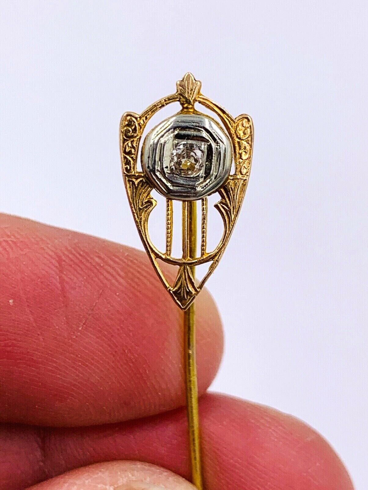 Art Nouveau 10K Rose Gold .08ct rose cut Diamond Lapel Pin stick hat pin