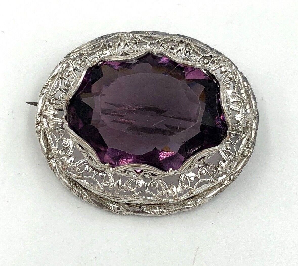 Victorian Filigree Sterling Silver Amethyst glass Brooch Pin