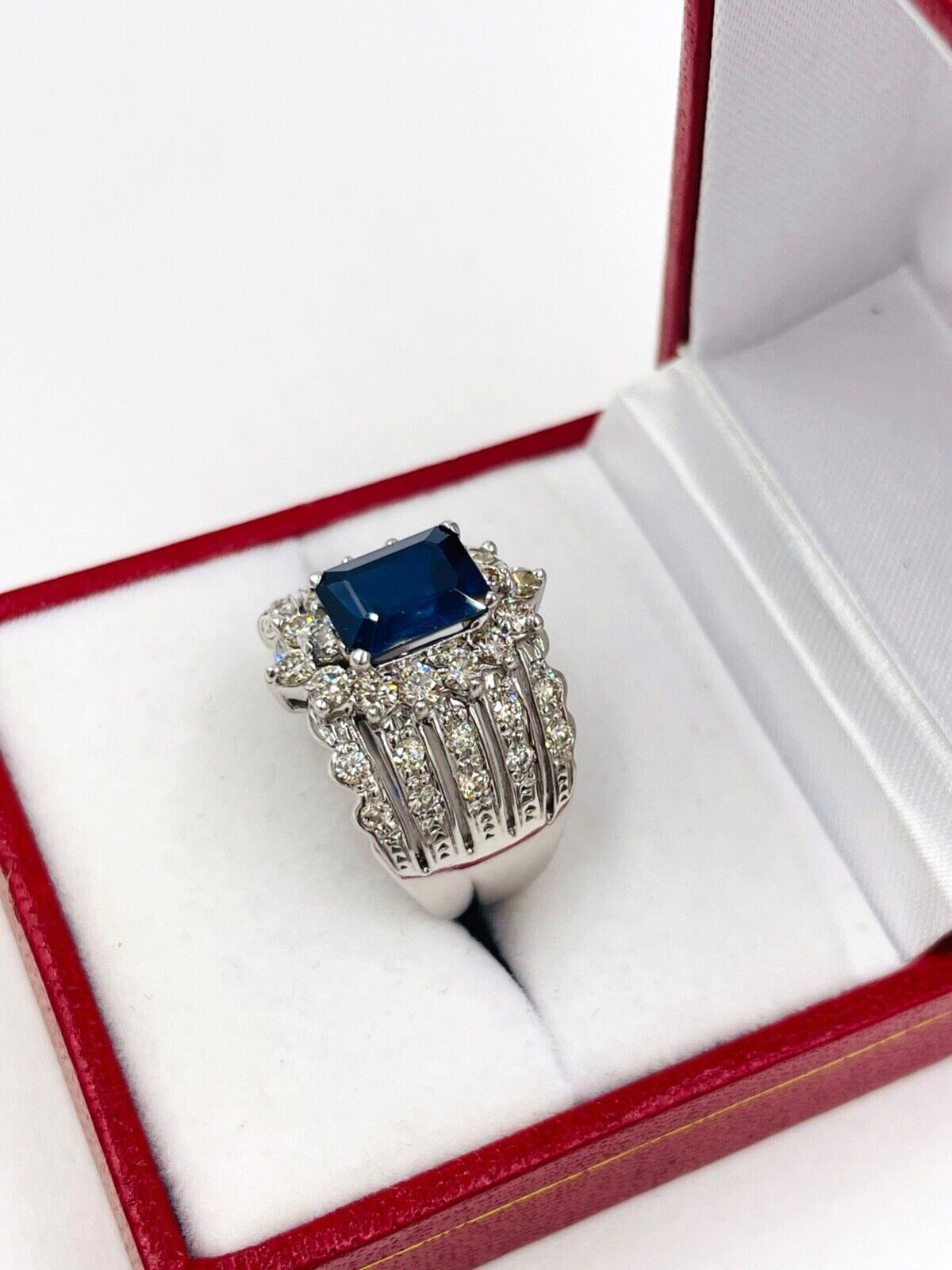 LeVian 14K White Gold Blue Sapphire Diamond Cocktail Ring Size 7