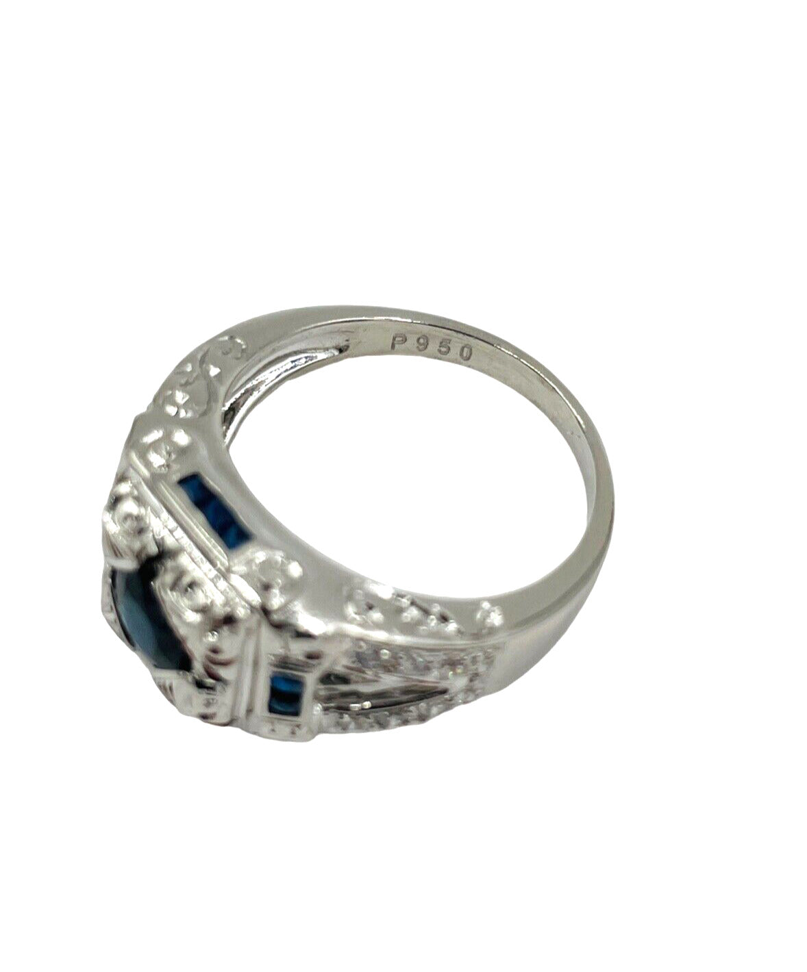 Vintage Platinum Sapphire Diamond Hand etches Ring