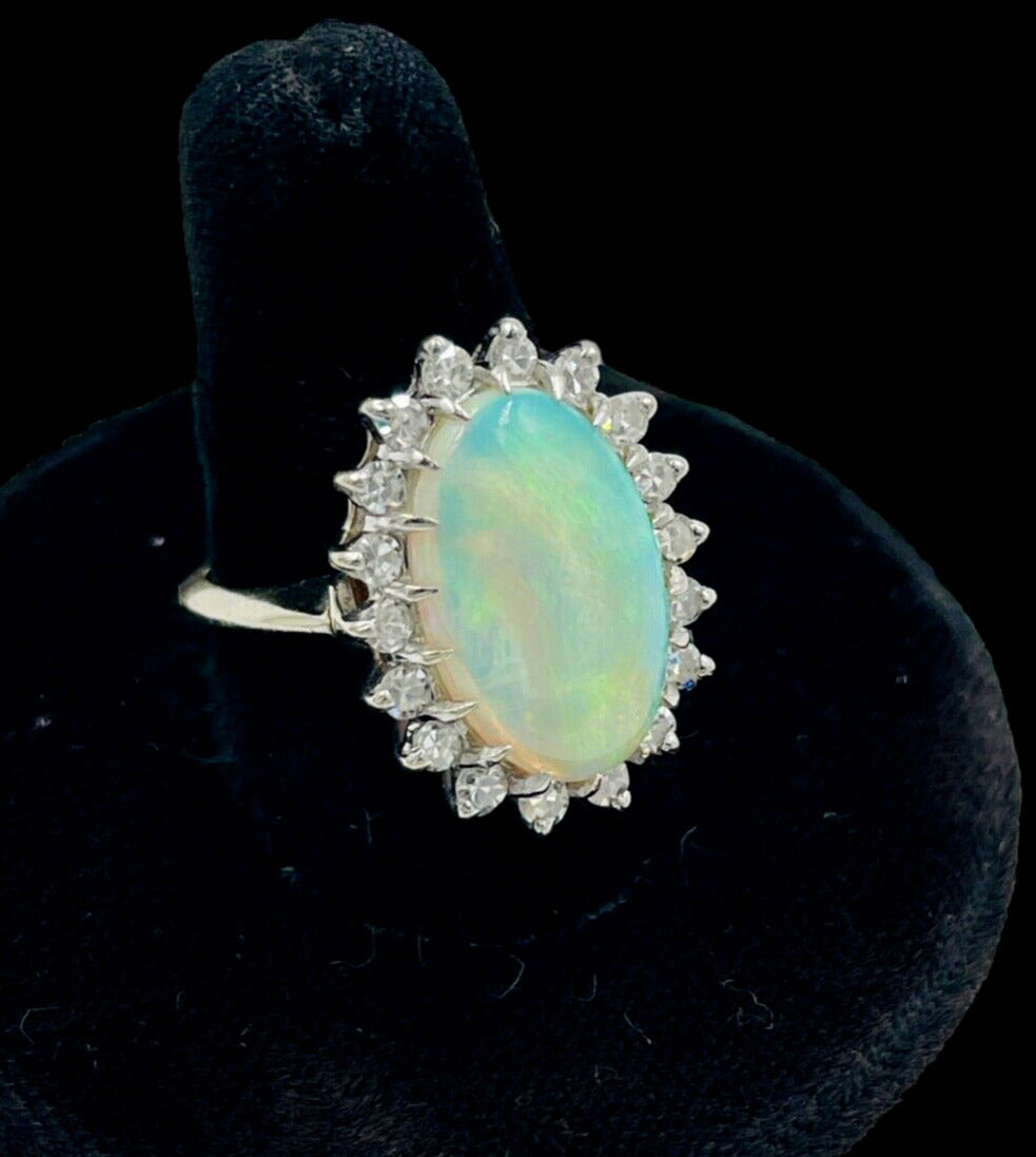 Estate Opal and Diamond 14k white gold Cocktail Ring