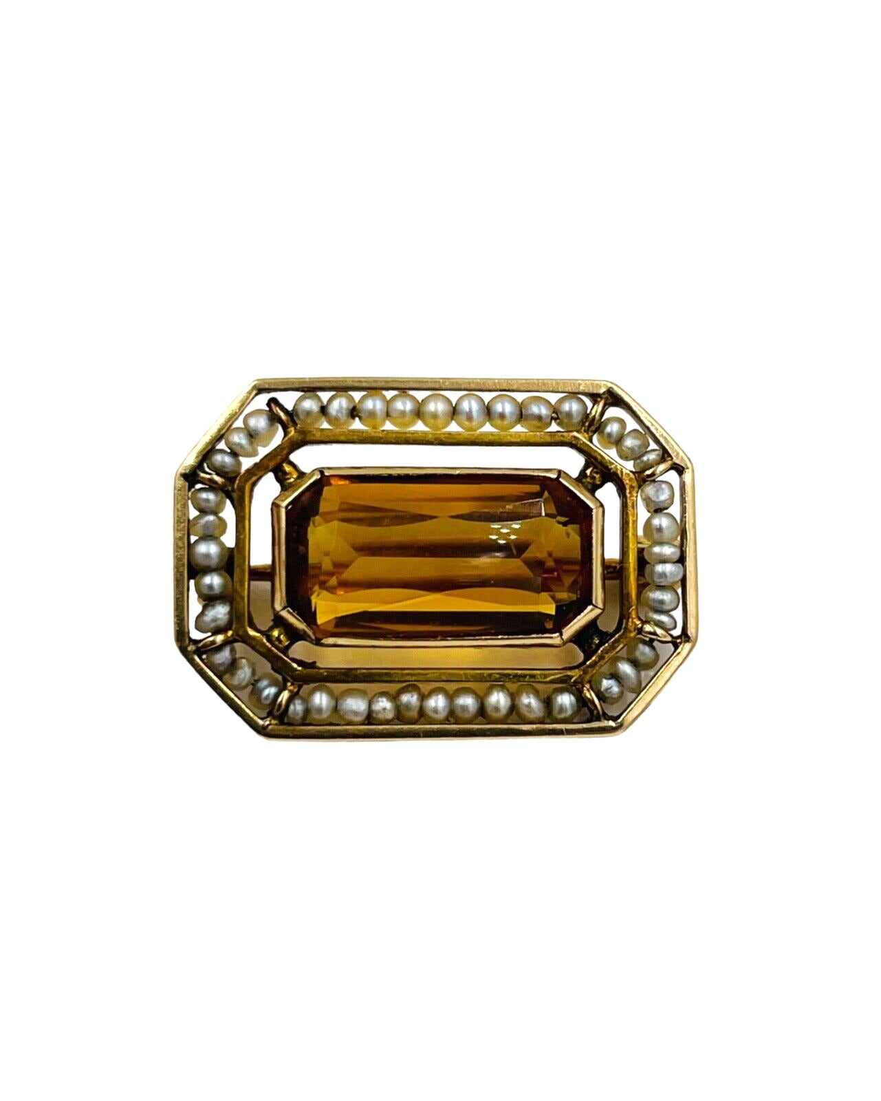 Victorian 10k Yellow Gold Citrine color stone Pin Brooch Seed Pearl