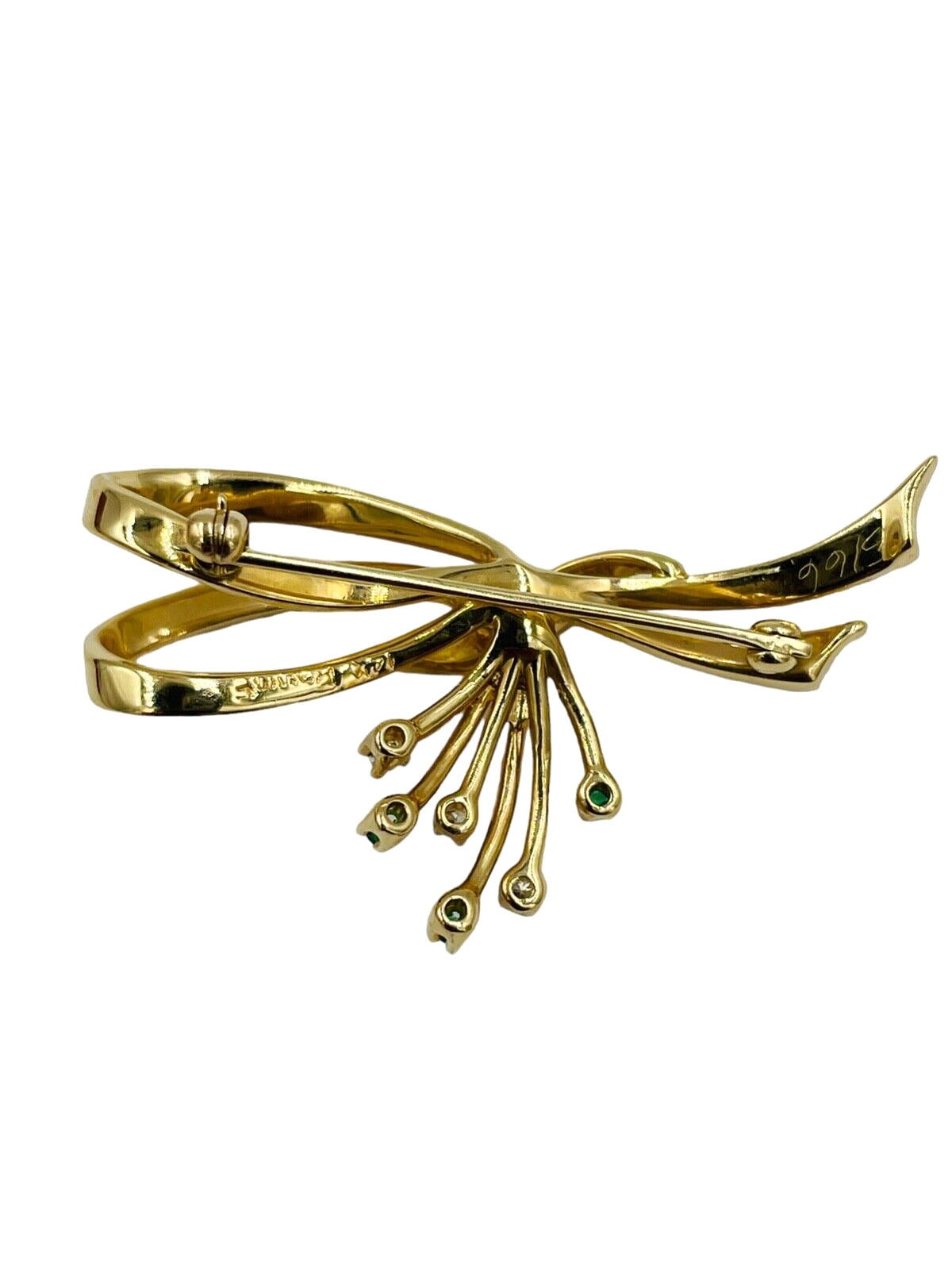 Baumstein Feder  14k yellow Gold Diamond Emerald Bow Pin Brooch