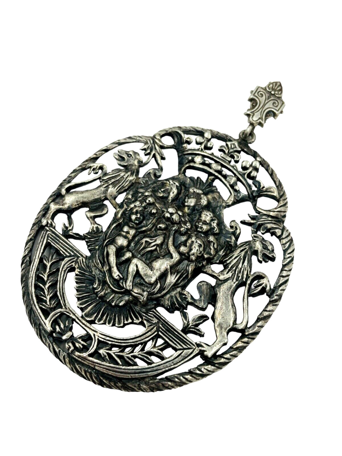 Art Nouveau Sterling Silver  Cherub Crest Pendant Necklace