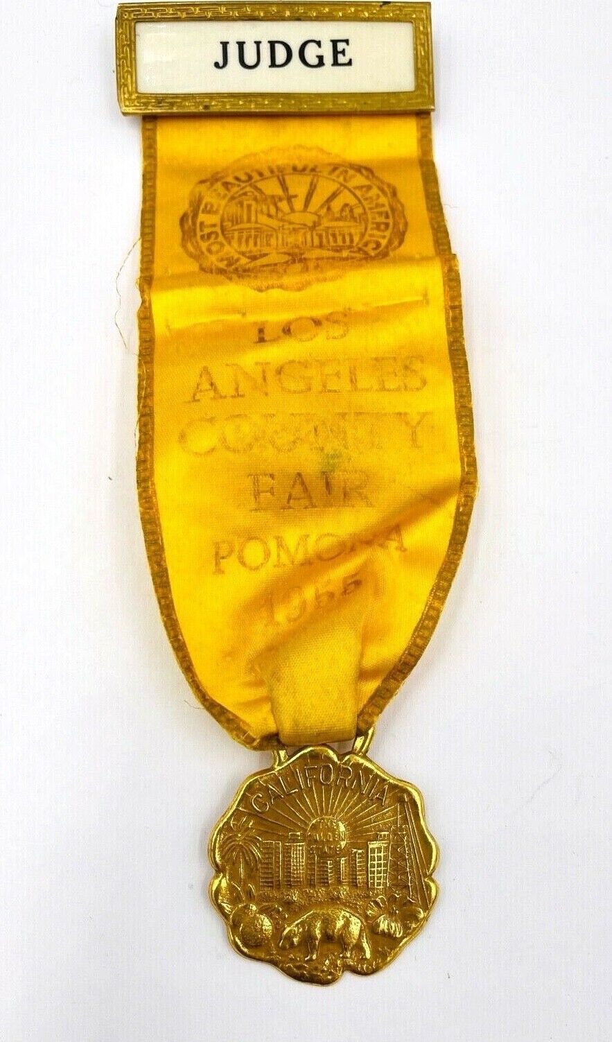 Vintage 1955 Gold Filled California Pomona County Fair Badge Medallion Ribbon