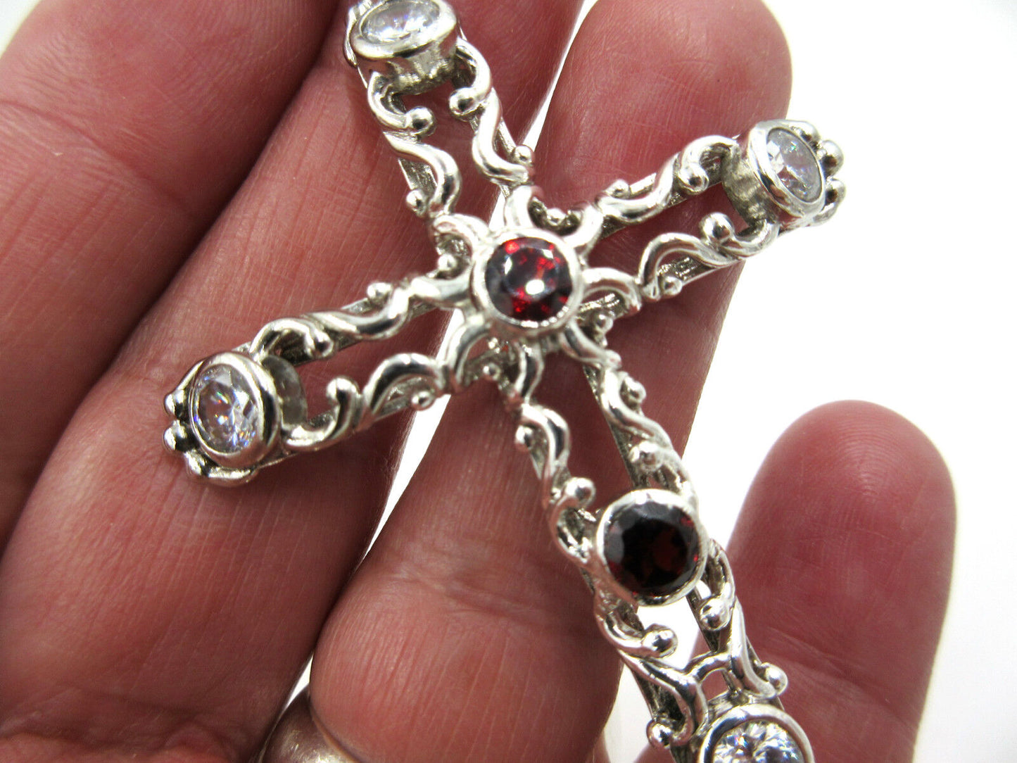 Signed JHSY 925 Sterling Silver Garnet & Clear Crystal Cross Pendant Large