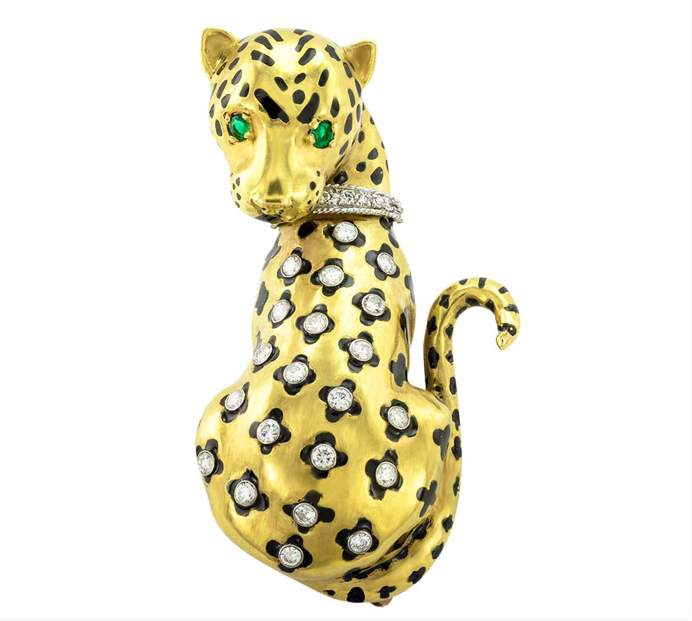 18K Yellow Gold Diamond Emerald Leopard brooch pin