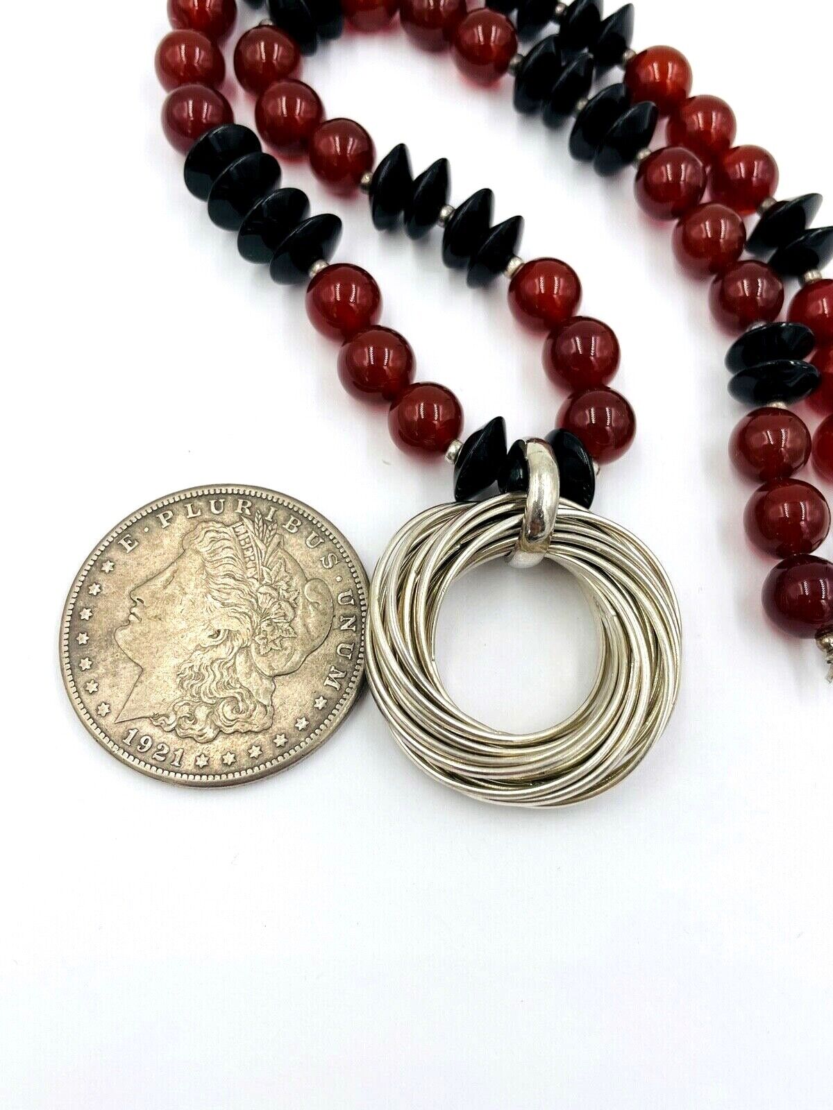 Vintage Onyx And Carnelian bead deco style Necklace sterling multi rings 20"