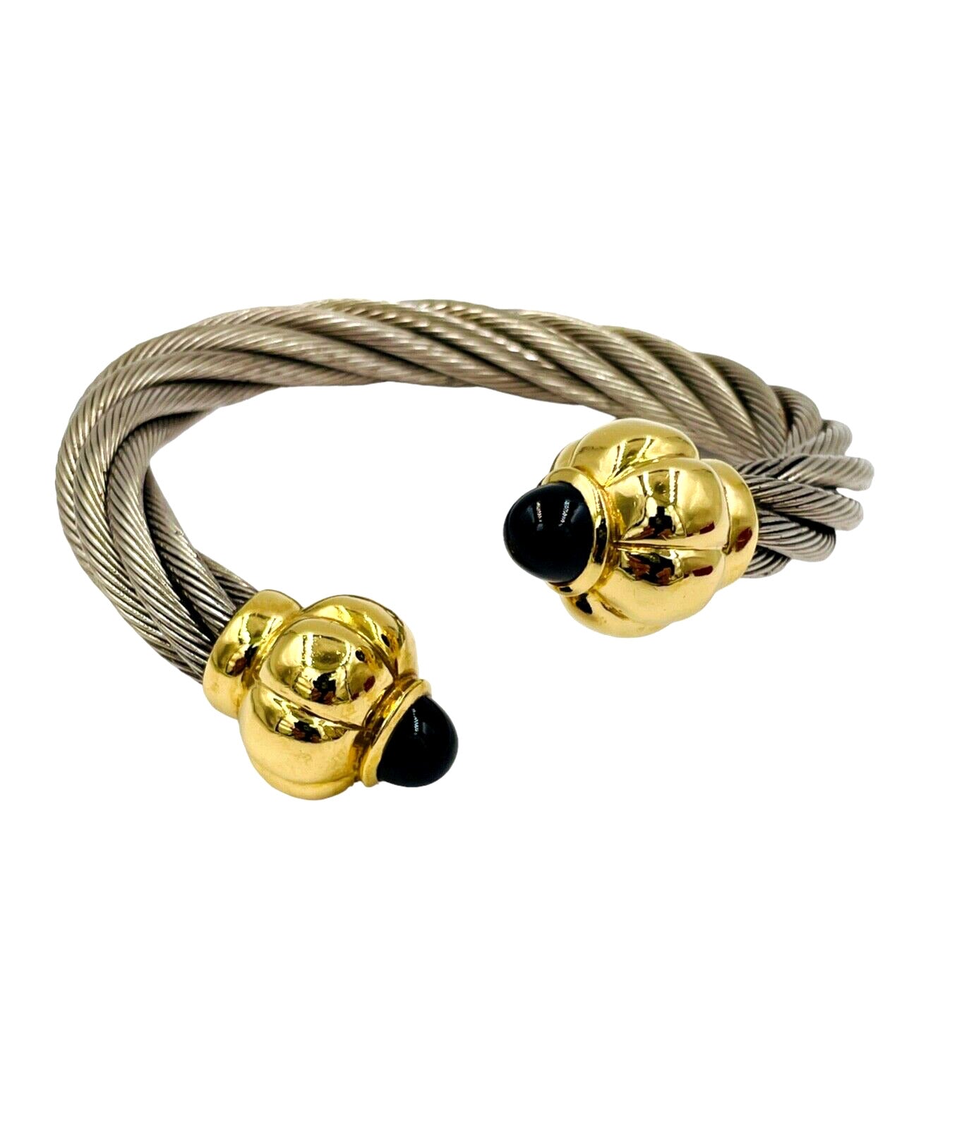 Philippe Charriol 18K Yellow Gold & Stainless steel Cable Onyx tips Cuff  10mm