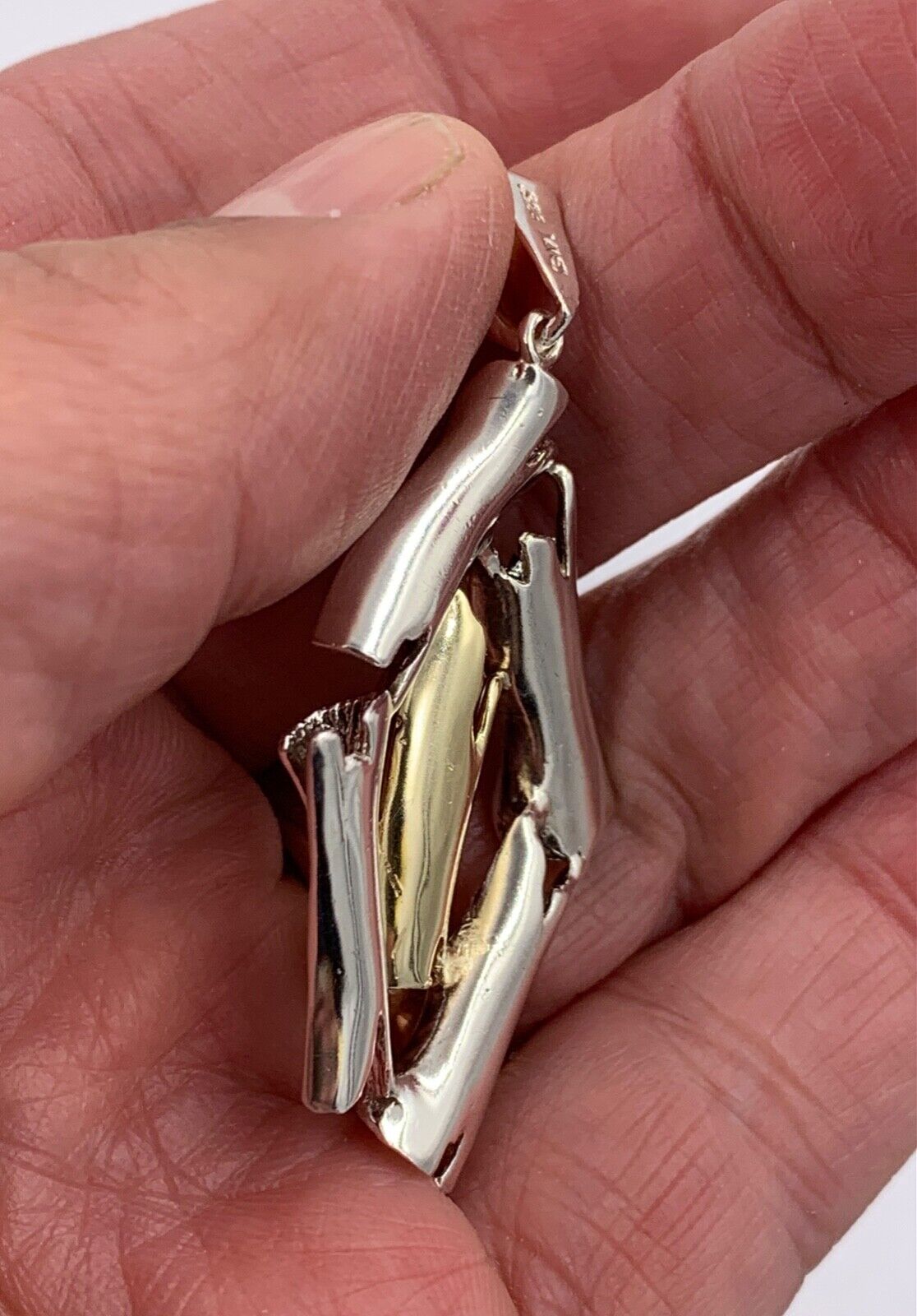 Abstract 14K Yellow Gold Sterling Silver bark finish Pendant Hand made