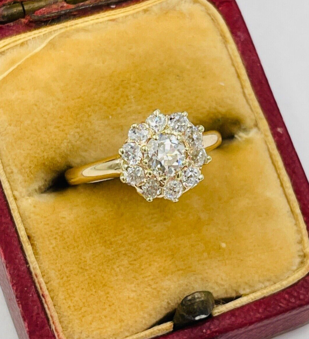 Victorian 14K Gold Diamond Cluster Flower Ring Old European Cut VS
