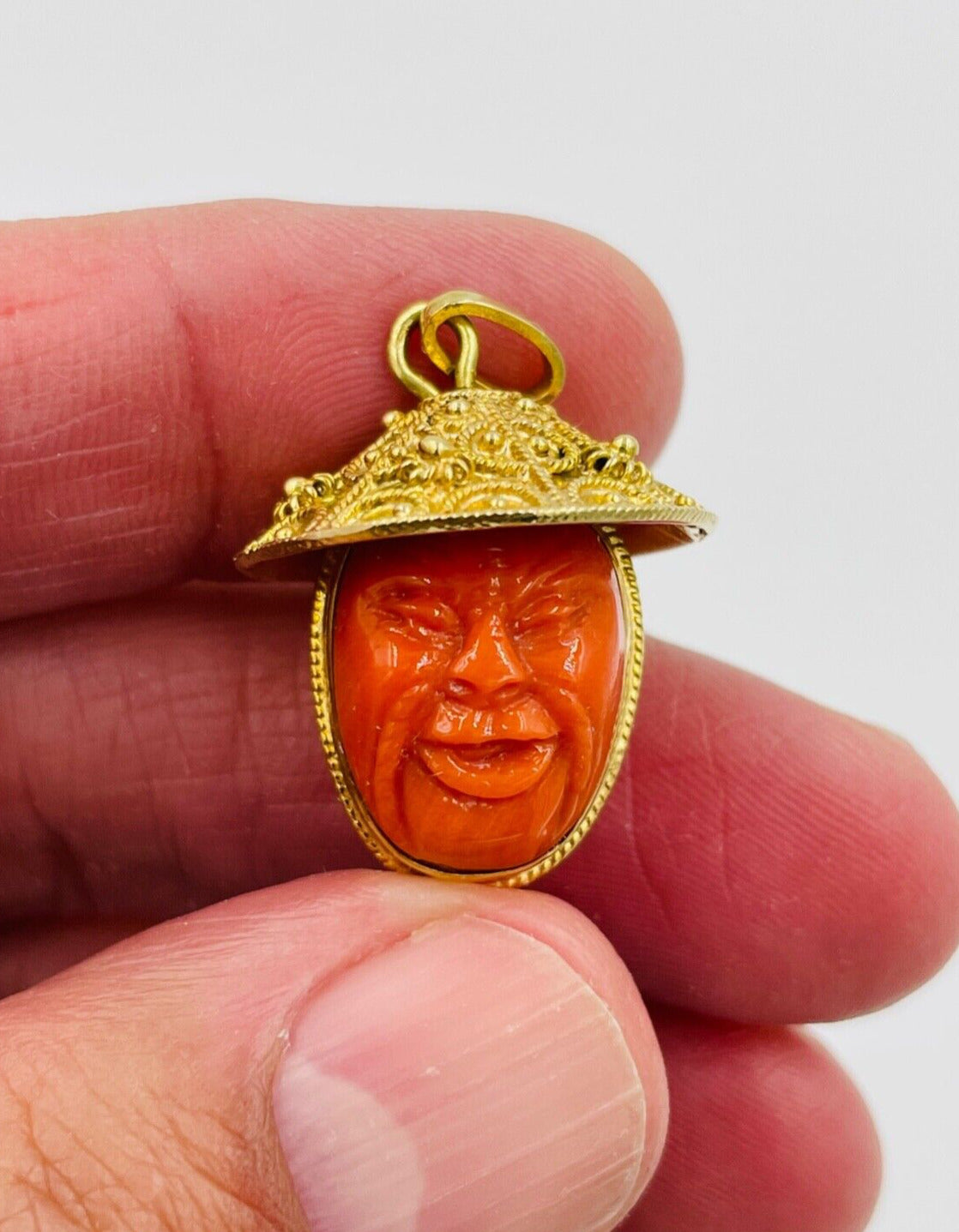 Unique 18K Yellow Gold Carved Asian Double sided Face Red Coral Pendant Charm
